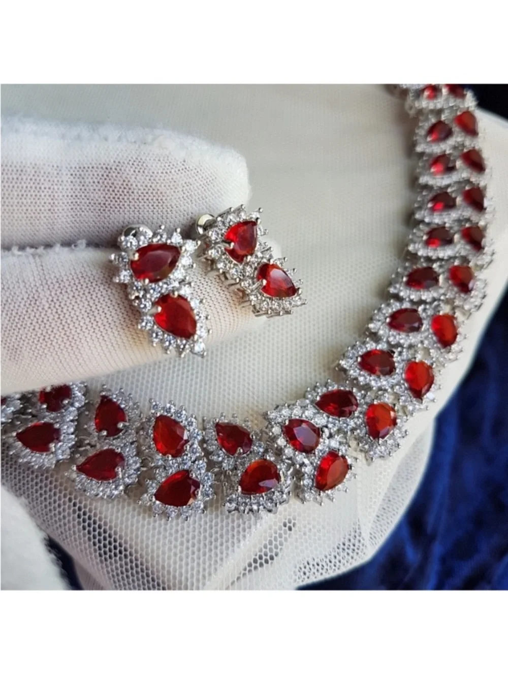Swarovski Elements Platinum Ruby Red All-around Tennis Necklace & Earrings SET
